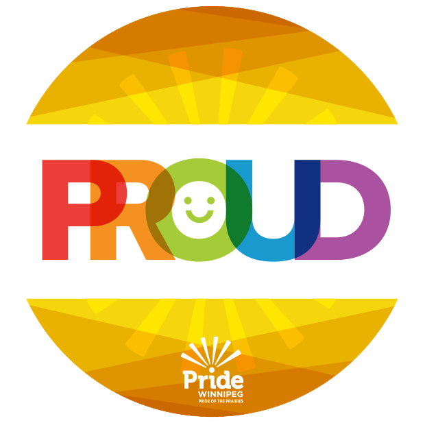 The word "proud" is spelled out with rainbow colours, slightly overlapping, on a strip of white that lays atop a yellow background.