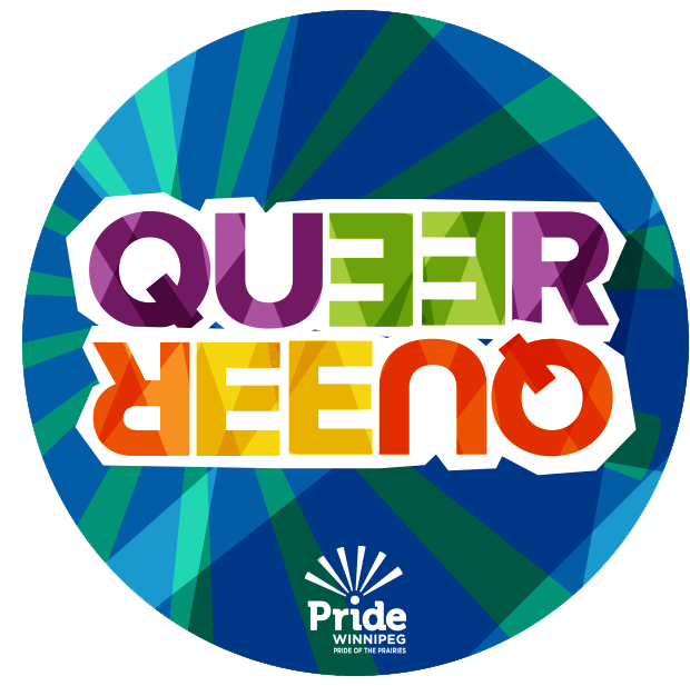 "Queer" with Q, U, and R in purple and spelled with 2 backward e's that are green. A second "queer" is mirrored and flipped beneath it, with Q, U and R in orange, and the 2 e's in yellow. Both are outlined in white, on a blue background.